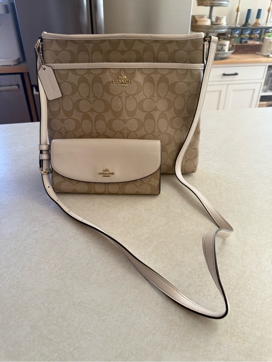Coach Handbags - Coach Signature Canvas Crossbody Bag in Khaki/Chalk with Matching Wallet EUC